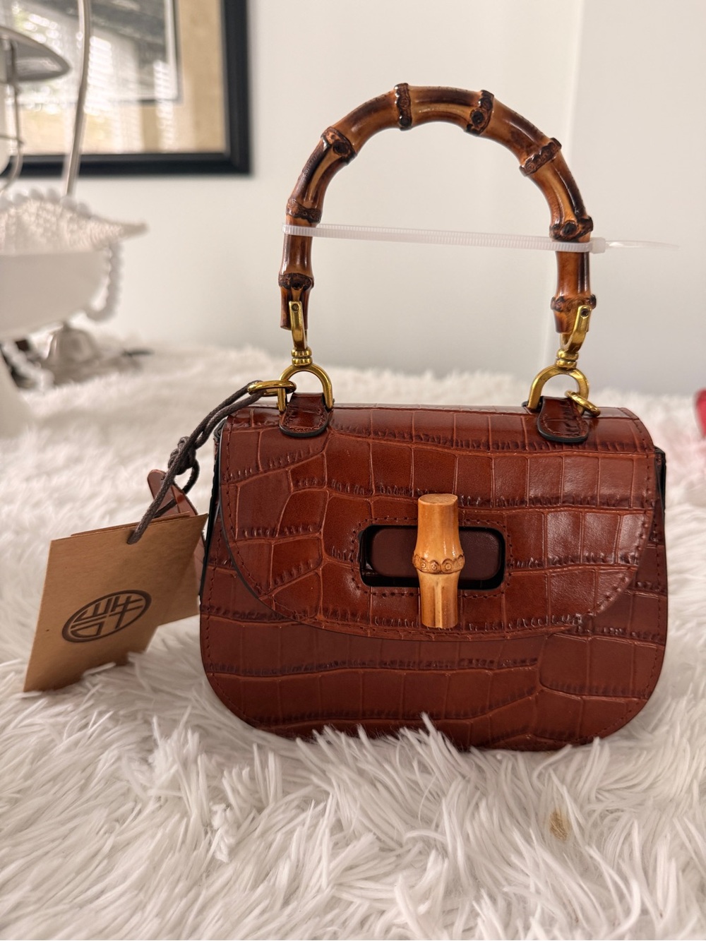 Brown Croc-EmbossedCrossbody Bag with Bamboo handle with strap